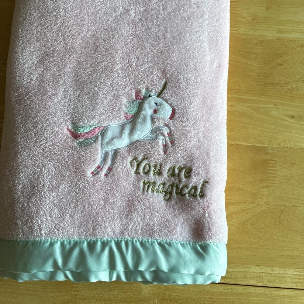 Just Born You Are Magical Pink Plush Unicorn Satin Trim Baby Blanket Lovey